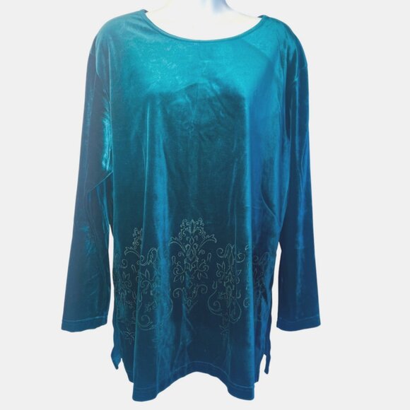 Vintage DIANE VON FURSTENBERG 90s Emerald Velvet Filigree Burnout Tunic Top - Picture 1 of 4